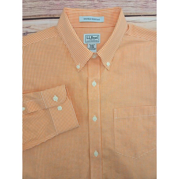 L.L. Bean Mens Wrinkle-Resistant Orange Check Dress Shirt Medium-Reg - Picture 4 of 7